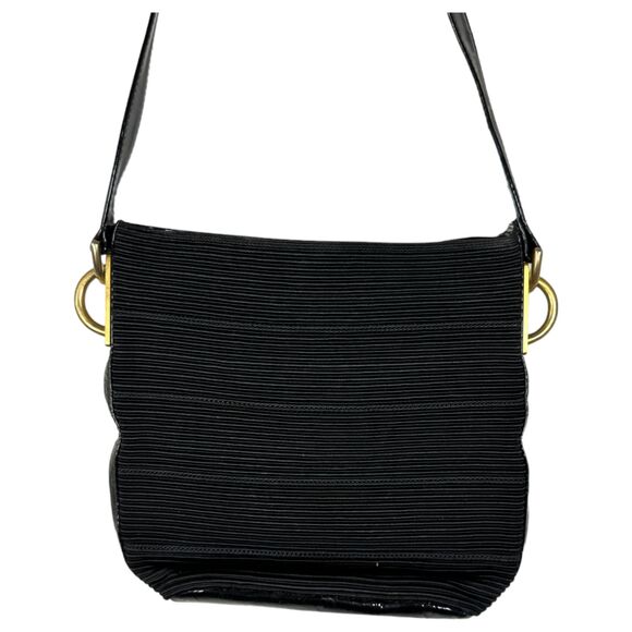 Americana by Sharif Black Ribbed Patent Leather Gold Chain Crossbody Purse - Picture 1 of 6